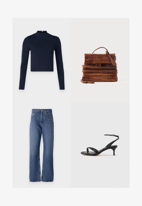 Marineblå ribbet langærmet top med høj hals og cropped design. Fremstillet af tekstureret stof med en minimalistisk stil.; Blå denim jeans med høj talje, bred ben silhuet, klassisk fem-lomme design og subtilt falmende effekt i hele stoffet.; Sort damesandal i læder med tynde remme, en tå-loop, ankelspænde og en mellemhøj stiletthæl på en neutral baggrund.; Brun rektangulær bambus håndtaske med læderremme, topgreb og en bagagemærkat på en ensfarvet lys baggrund.