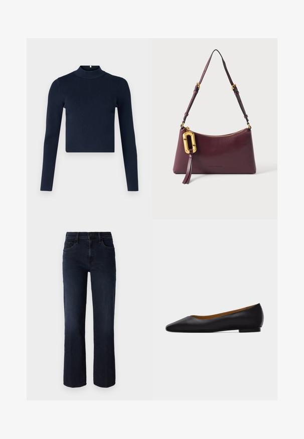 Marineblå ribbet langærmet top med høj hals og cropped design. Fremstillet af tekstureret stof med en minimalistisk stil.; Mother THE MID RISE RAMBLER - Jeans Straight Leg - dunkelblau; Sort læder flad sko med spids tå, lav hæl og glat finish, vist fra siden på en lysegrå baggrund.; Mørkelilla skuldertaske i læder med justerbar rem, gyldent lynlås og stor gylden dekorativ spænde med læderkvast.