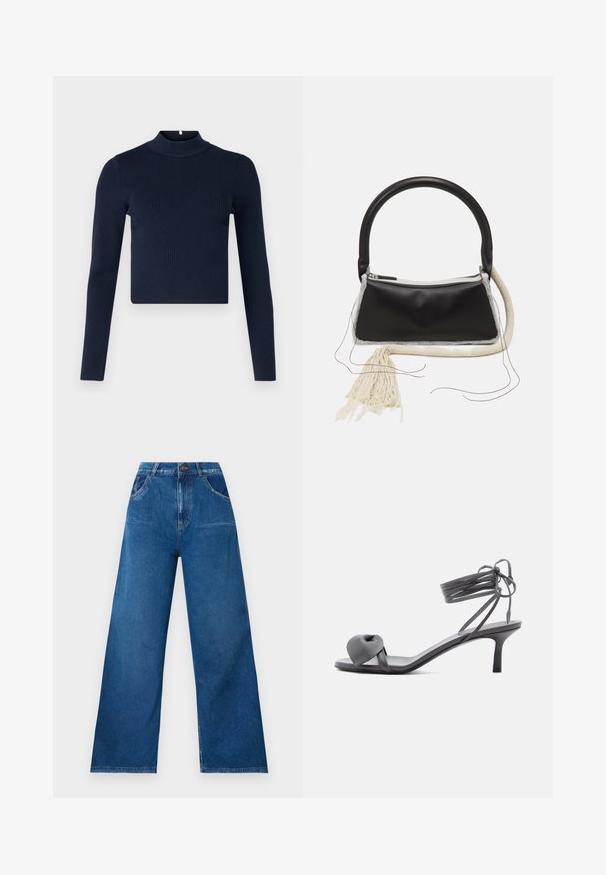 Haut à manches longues côtelé bleu marine avec un col montant et un design cropped. Fabriqué en tissu texturé avec un style minimaliste.; Jean large en denim bleu foncé avec une taille haute, comportant des poches avant et arrière, ainsi que des détails de couture contrastés.; Sandale à talon en cuir gris avec une bride nouée sur les orteils et des lacets enroulants autour de la cheville, sur un talon moyen et fin, sur fond blanc.; Sac en cuir noir avec une poignée arrondie, fermeture éclair en argent, bordure en fourrure blanche et un long gland crème attaché à l'avant.