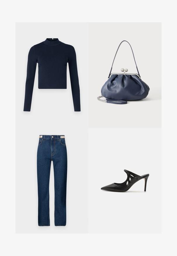 Marineblå ribbet langærmet top med høj hals og cropped design. Fremstillet af tekstureret stof med en minimalistisk stil.; Rabanne Jeans Straight Leg - dark blue denim; Sorte læder højhælede mules med spids tå, udskåret sideskærm og glat tekstur. Stiletthæl og subtil syning.; Blød navyblå læderhåndtaske med sølv lukning, enkelt skulderrem og aftagelig kæde til håndleddet på hvid baggrund.