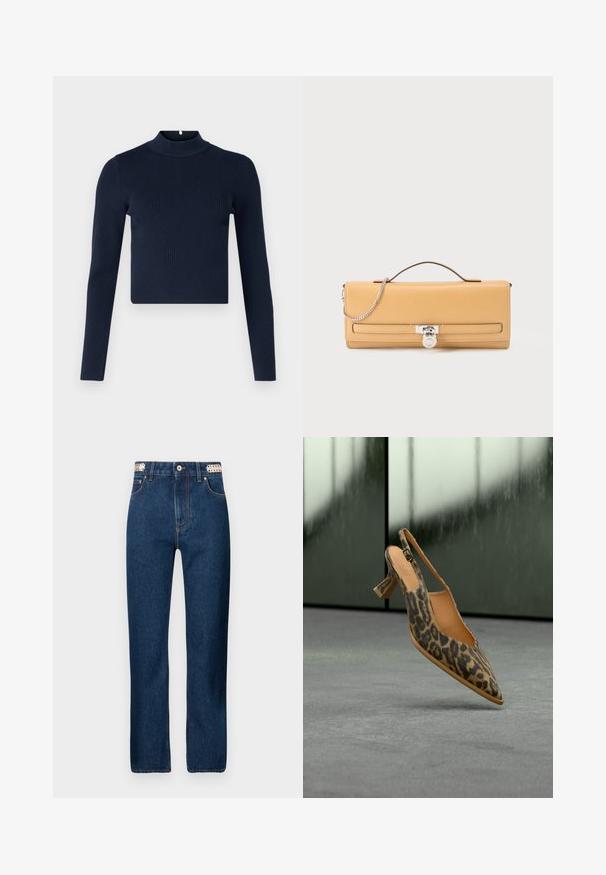 Tumedasinine ribadega pikkade varrukatega topp, millel on kõrge kaelus ja lühike disain. Valmistatud tekstuurilisest kangast minimalistlikus stiilis.; Rabanne Sirgete säärtega teksad - dark blue denim; Leopardimustriga kontsakinga kingad terava ninaga ja madala plokktakaga hallil põrandal hägus taustal.; Pruun ristküliku kujuga nahast käekott, millel on ülasang, hõbedane kett ja hõbedane lukustus esiklapil.