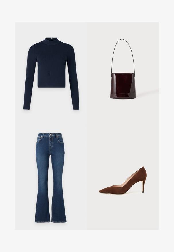 Navyblaues, geripptes Langarmoberteil mit hohem Kragen und cropped Design. Hergestellt aus strukturiertem Stoff im minimalistischen Stil.; CLOSED JOVANNA - Flared Jeans - dark blue; Brauner Wildleder-Pumps mit spitz zulaufender Spitze und schlankem Stilettabsatz auf weißem Hintergrund.; Dunkelbraune glänzende Eimer-Handtasche mit langem dünnem Riemen und minimal sichtbarer Naht auf hellem Hintergrund.