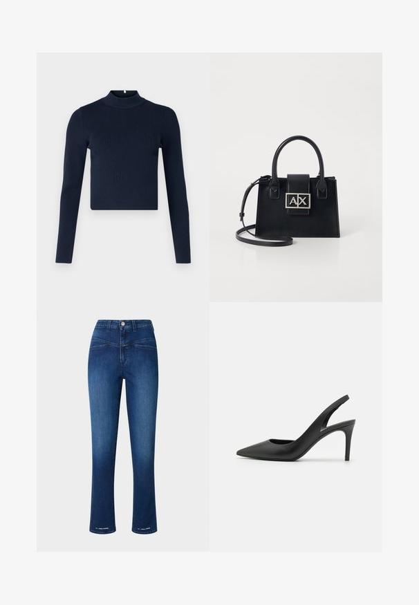 Haut à manches longues côtelé bleu marine avec un col montant et un design cropped. Fabriqué en tissu texturé avec un style minimaliste.; Jean en denim bleu foncé avec taille haute, coupe slim, jambes droites et deux poches avant. Comprend un bouton en métal et des accents de couture.; Escarpins à talon aiguille en cuir noir, avec un design à bout pointu, présentant une découpure à l'avant et un talon fin.; Sac à main en cuir noir avec un design structuré, des poignées supérieures et une bandoulière amovible. Présente une plaque logo en ton argent et une texture lisse.