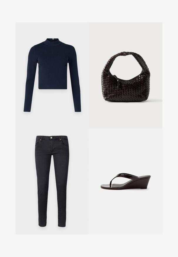Tummansininen ribattu pitkähihainen paita, jossa on korkea kaulus ja lyhyt malli. Valmistettu teksturoidusta kankaasta, jossa on minimalistinen tyyli.; AG Jeans Skinny-Farkut - anthracite black; Ruskea patenttinahkainen kiilakorkosandaali, jossa varvastyö ja avoin varvasosa, esitetty sivuprofiilissa yksivärisellä taustalla.; Tummanruskea, kudottu nahkalaukku pyöreällä muotoilulla ja paksulla punotulla kahvalla. Varustettu vetoketjusuljennalla ja hillityllä brändäyksellä sivulla.