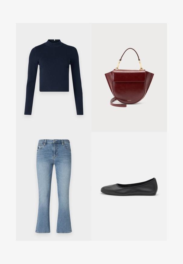 Navyblaues, geripptes Langarmoberteil mit hohem Kragen und cropped Design. Hergestellt aus strukturiertem Stoff im minimalistischen Stil.; Hellblaue Schlagjeans aus Denim. Hat eine mittelhohe Taille, fünf Taschen und Gürtelschlaufen. Verwaschene Details und sichtbare Nähte.; Schwarze Leder-Ballettschuhe mit abgerundeter Spitze, glatter Textur, minimalen Nähdetails und einem flexiblen Sohlen-Design.; Dunkelrote Ledertasche mit Tragegriff, goldenen Beschlägen, Klappvordertasche und langem Riemen, vor einem schlichten hellen Hintergrund.