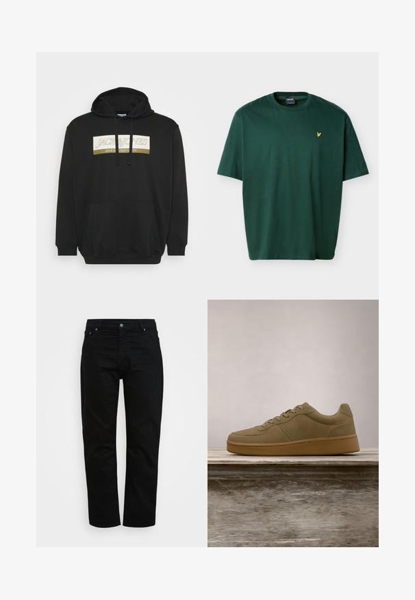 Sort hoodie med en frontkangaroo lomme, prydet med et logo i hvid og guld. Blødt stof, justerbar snoretræk i hætten, ribbede manchetter.; Mørkegrøn kortærmet bomulds-T-shirt med rund hals og lille gul fuglelogo broderet på venstre bryst.; Sorte jeans lavet af bomuld, med klassisk snit, fem-lomme design og metalknaplukning. Glat tekstur med lige ben.; Olivengrøn sneaker med snørebånd, der svæver over en træbænk, med sløret grønt løv i baggrunden.