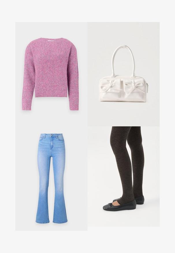 Langsleeve gebreide trui in een roze en lavendel gemengde garen met geribbelde kraag, manchetten en zoom.; Lichtblauwe flare jeans met hoge taille, gemaakt van denim. Heeft een gladde textuur en een subtiele vervaging naar de zoom toe. Klassiek ontwerp met vijf zakken.; Benen met donkere geribbelde leggings gecombineerd met zwarte ballerina's met kleine strikdetails op een witte achtergrond.; Witte synthetische handtas met twee voorzakken, elk voorzien van een gebonden strikdetail. Soepele textuur, afgeronde handgrepen en een ritssluiting.