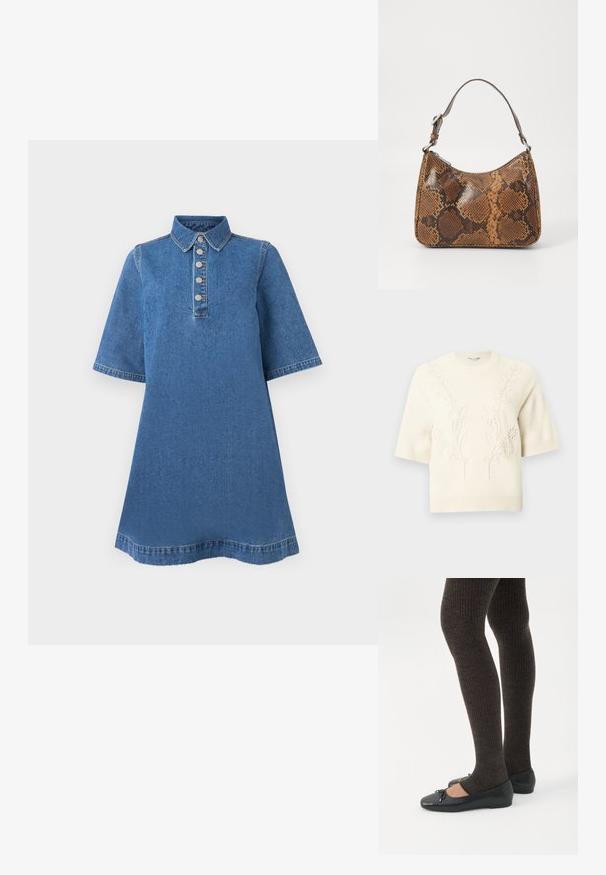 Pull tricot à manches courtes de couleur crème avec ourlets côtelés et broderie florale subtile en relief sur le devant et les épaules.; Robe en denim avec un col, des manches courtes et cinq boutons métalliques à l'avant. Tissu bleu avec une texture lisse et un léger délavage.; Jambes portant des leggings côtelés foncés associés à des ballerines noires avec de petits détails en nœud sur fond blanc.; Petit sac à main avec un motif en peau de serpent marron et noir, courroie courte et ajustable, et fermeture éclair.
