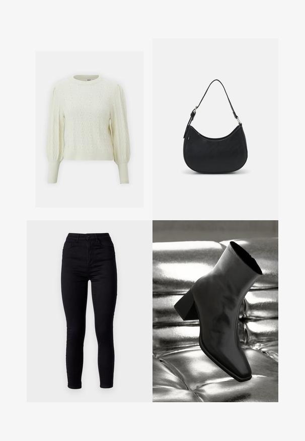 Crème gebreide trui met een textuur van golfpatroon, geribbelde manchetten en een ronde halslijn. Heeft pofmouwen en een getailleerde pasvorm.; Zwarte skinny jeans met een hoge taille, gemaakt van stretchdenim. Voorzien van een sluiting met een knoop aan de voorkant en twee achterzakken. Soepele textuur.; Zwarte enkellaarsjes van glanzend materiaal met een vierkante neus en taps toelopende hak, afgezet tegen een glanzende zilveren gecapitonneerde achtergrond.; Zwarte hobo tas van soepel leer met een gebogen silhouet, voorzien van een enkele verstelbare schouderriem en minimalistische ontwerpdetails.
