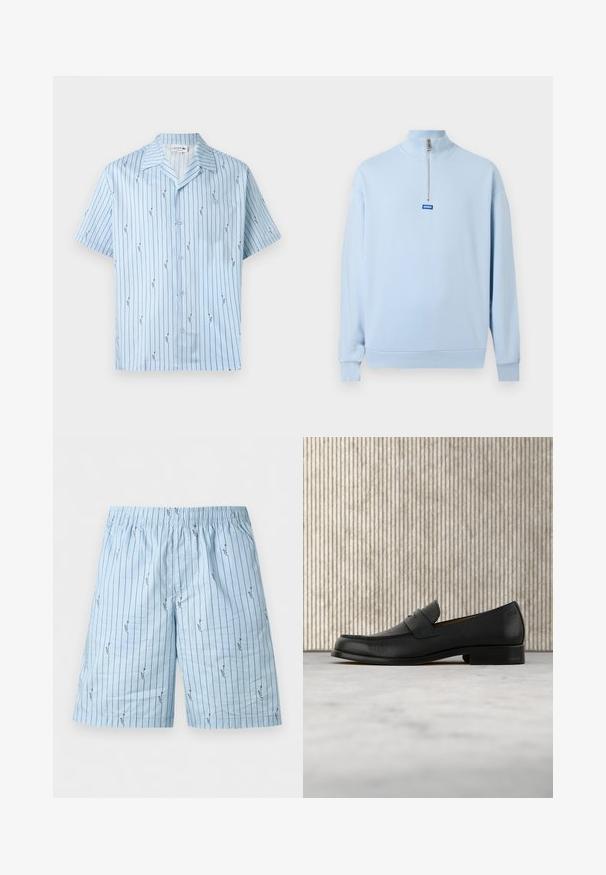 Pull-over à manches longues bleu clair avec un col montant et une fermeture éclair à moitié sur le devant, arborant un petit logo bleu "HUGO" en dessous de la fermeture éclair.; Chemise bleu clair à manches courtes avec fines rayures verticales noires et petits logos crocodile répétés, col ouvert et poche avant.; Shorts pour hommes bleu clair avec fines rayures verticales noires et petites formes abstraites noires, dotés d'une ceinture élastique.; Mocassin en cuir noir flottant au-dessus d'un tapis beige avec une table ronde brune brillante en arrière-plan.