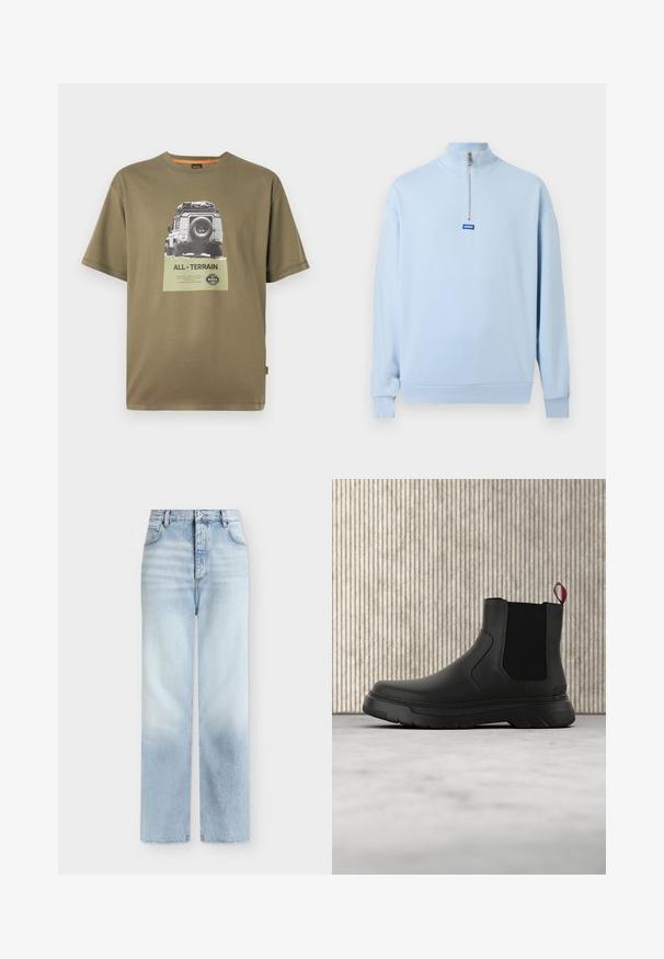 Hellblauer Langarm-Pullover mit hohem Kragen und halblangem Reißverschluss vorne, mit einem kleinen blauen "HUGO"-Logo unter dem Reißverschluss.; Grünes Baumwoll-T-Shirt mit kurzen Ärmeln, das einen grafischen Aufdruck eines Fahrzeugs und den Text "ALL-TERRAIN" auf einem quadratischen Patch zeigt.; Hellblaue, hoch taillierte Jeans mit geradem Bein, Fronttaschen, Gürtelschlaufen und einem Knopfverschluss.; Schwarze Knöchelstiefel mit glatter Oberfläche, elastischen Seitenpaneelen und einem kontrastierenden roten Zuglasche, ausgestattet mit einer dicken Gummisohle und einer runden Zehenpartie.