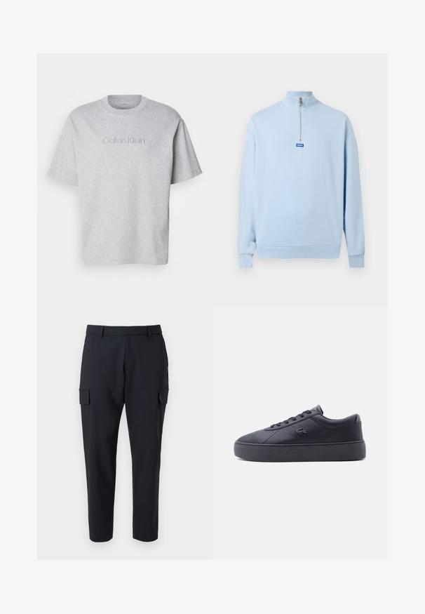 Heleroheline pika varrukaga pullover kõrge kraega ja pooleldi lukuga ees, mille all on väike sinine "HUGO" logo.; Hall värvi puuvillane T-särk lühikeste varrukatega, millel on ümar kaelus ja esiküljel peenelt tikitud "Calvin Klein" logo.; Tumedast meresinine cargo püksid, sirgete jalgadega, kahe küljetaskuga ja lapikute esiosadega. Valmistatud kergest kangast.; Mustast nahast madala säärega tennisejalats paksu tallaga, ees paeltega kinnitatav ja küljel krokodillilogoga, vaadatuna välisküljelt.