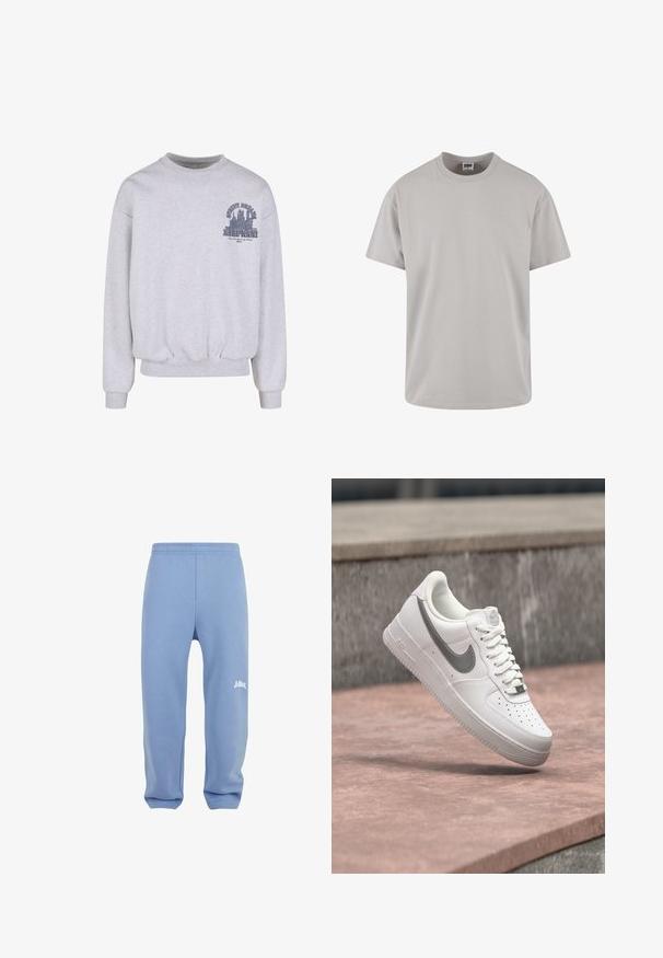 Lysegrå sweatshirt med ribbet manchetter og kant. Har et grafisk tryk med teksten "KARL KANI" og et bysilhuetmotiv på brystet.; Lys grå bomulds T-shirt, korte ærmer, rund hals, afslappet pasform, glat tekstur, ingen mønstre eller synlige grafik. Rengør design.; Lyseblå sweatpants med elastisk talje, tætsiddende ben og et hvidt logo på venstre lår. Lavet af blødt, struktureret stof.; Hvid Nike Air Force 1 sneaker med gråt swoosh-logo svævende over en stensurface og en grå stenvæg i baggrunden.