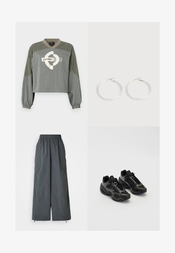 Dlhý rukáv cropped pulóver s elastickými manžetami, tlmené farby zeleno-sivej v blokoch a bielym logom Jordan umiestneným na hrudi.; Sivé, pohodlné nohavice s elastickým pásom a širokými nohavicami vyrobené z ľahkej látky, s dvoma bočnými vreckami a nastaviteľnými šnúrkami na manžetách.; Čierne športové topánky so syntetickým materiálom, sieťovanými akcentmi a zaoblenými podrážkami. Majú šnurovací systém a výrazné logo Nike na jazyku.; Pár lesklých strieborných kruhových náušníc s tenkými drôtenými zapínaniami, zobrazených na svetlo šedom pozadí.