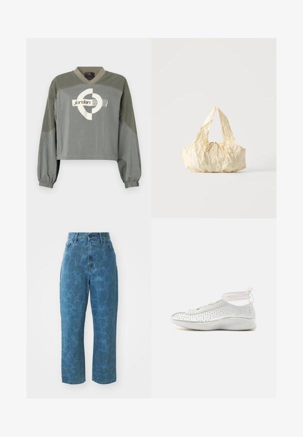 Dlhý rukáv cropped pulóver s elastickými manžetami, tlmené farby zeleno-sivej v blokoch a bielym logom Jordan umiestneným na hrudi.; Svetlomodré denim nohavice s jemnou vzorovanou textúrou, vysokým pásom a rovný strih. Obsahujú predné zapínanie na gombík a zips.; Biela teniska Nike Air s perforovanými bokmi a svetloružovými šnúrkami obopínajúcimi členok, zobrazená z profilu na bielom pozadí.; Kabelka z krémovej textúrovanej látky s hornými rúčkami a malým viazaným mašľovým detailom v strede prednej časti.