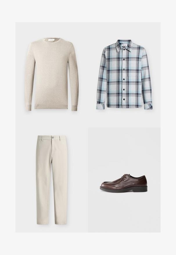 Pull beige à manches longues avec col rond, poignets et ourlet côtelés, présenté sur un fond clair uni.; Chemise à manches longues boutonnée avec motif à carreaux bleu clair, blanc et noir et col pointu.; Pantalon beige clair droit avec fermeture par bouton et fermeture éclair ainsi que passants pour ceinture, présenté sur un fond blanc uni.; Chaussure habillée en cuir marron avec un bout arrondi, des accents de couture minimum, et une semelle noire robuste. Présente un système de laçage et une texture lisse.