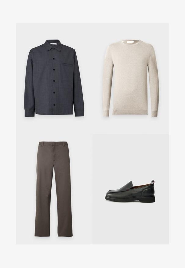 Pull beige à manches longues avec col rond, poignets et ourlet côtelés, présenté sur un fond clair uni.; Chemise gris foncé à manches longues boutonnée, avec col pointu et une poche poitrine unique sur le côté gauche.; Pantalon en coton marron avec une coupe droite, doté de passants de ceinture et une texture lisse. Aucun motif visible ni détail de quincaillerie.; Chaussure slip-on en cuir noire avec un bout rond, un dessus texturé, des coutures rouges contrastantes et un petit talon. Présente une languette en boucle.