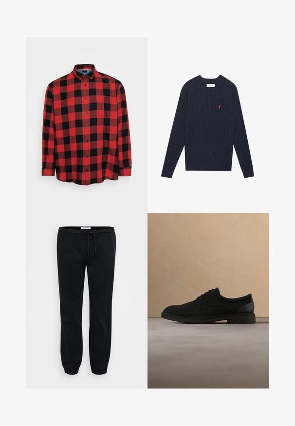 Pull en maille torsadée bleu marine avec manches longues, poignets et ourlet côtelés. Présente un petit logo rouge sur la zone gauche de la poitrine.; Chemise à manches longues à carreaux rouges et noirs, en coton, col boutonné, boutons noirs, avec un grand motif à carreaux et un ourlet arrondi.; Pantalons de survêtement noirs en coton doux avec une taille élastique et un cordon de serrage. Comprend des poignets élastiques et des poches latérales pour plus de praticité.; Chaussure de ville noire en cuir à lacets flottant au-dessus d'un tapis beige avec un canapé beige assorti en arrière-plan.