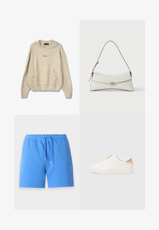 Flauschiger beiger Hoodie mit einer Fronttasche, gerippten Bündchen und einer Kapuze mit Kordelzug. Mit dem schwarzen "Pegador"-Logo auf der Brust.; Blaue Baumwollshorts mit einem elastischen Bund, Kordelzug und goldfarbener Hardware. Sie verfügen über eine glatte Textur und seitliche Taschen.; Weiße Slip-On-Sneaker aus glattem Leder, mit einem goldenen Reißverschluss und einem Akzent nahe der Ferse mit strukturierter Oberfläche sowie einem geprägten Logo an der Seite.; Weiße Lederschultertasche mit geschwungenem Überschlag, schwarzer Kante, verstellbarem Riemen und silberner dekorativer Schnalle auf schlichtem Hintergrund.