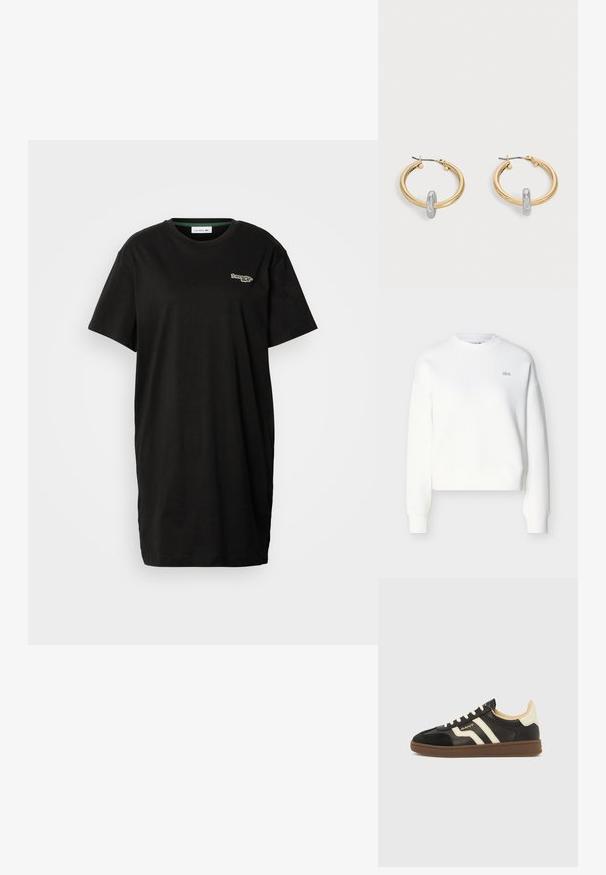 Sweat-shirt court blanc avec encolure ras du cou, coupe décontractée et broderie discrète du logo sur la poitrine. Confectionné en tissu doux et texturé.; Robe T-shirt noire à manches courtes avec col rond et petit logo Lacoste sur le côté gauche de la poitrine.; Baskets noires avec des bandes crème, tige en cuir texturé et semelle en caoutchouc marron. Présentent un design à lacets et une silhouette profilée basse.; Paire de boucles d'oreilles créoles dorées avec un petit détail boucle ton argent sur chaque, exposées sur fond gris clair.