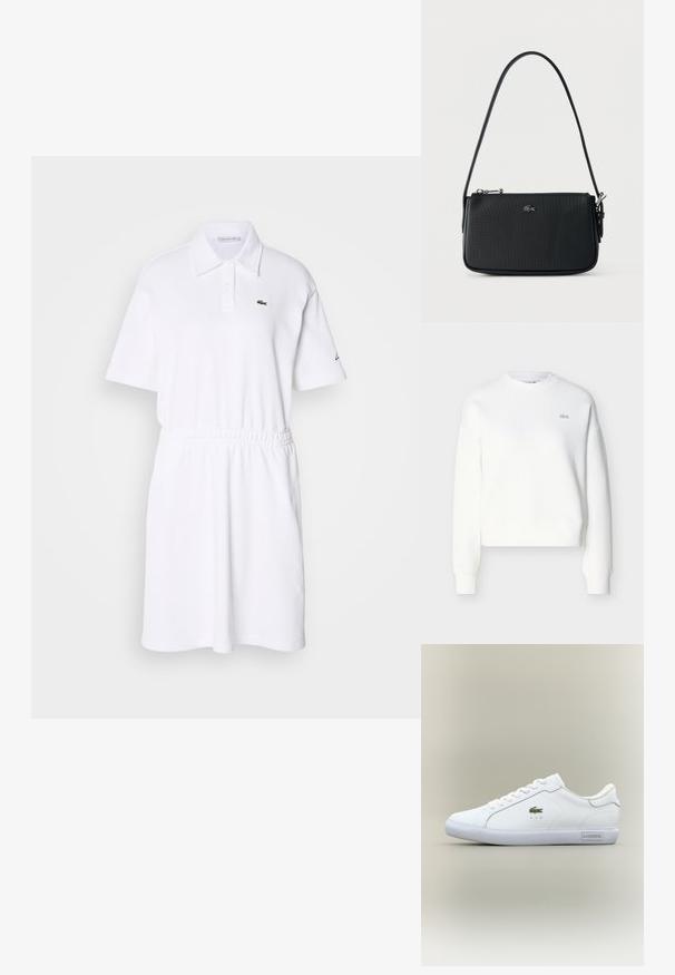 Sweat-shirt court blanc avec encolure ras du cou, coupe décontractée et broderie discrète du logo sur la poitrine. Confectionné en tissu doux et texturé.; Robe polo blanche en tissu doux, avec un col, des manches courtes, une taille élastique et un petit logo vert sur la poitrine.; Baskets basses blanches avec lacets blancs, logo crocodile vert sur le côté et étiquette "Lacoste" sur la semelle, le tout sur un fond neutre.; Sac d'épaule noir texturé avec fermeture éclair argentée et petit logo crocodile argenté sur le devant, sur fond uni.