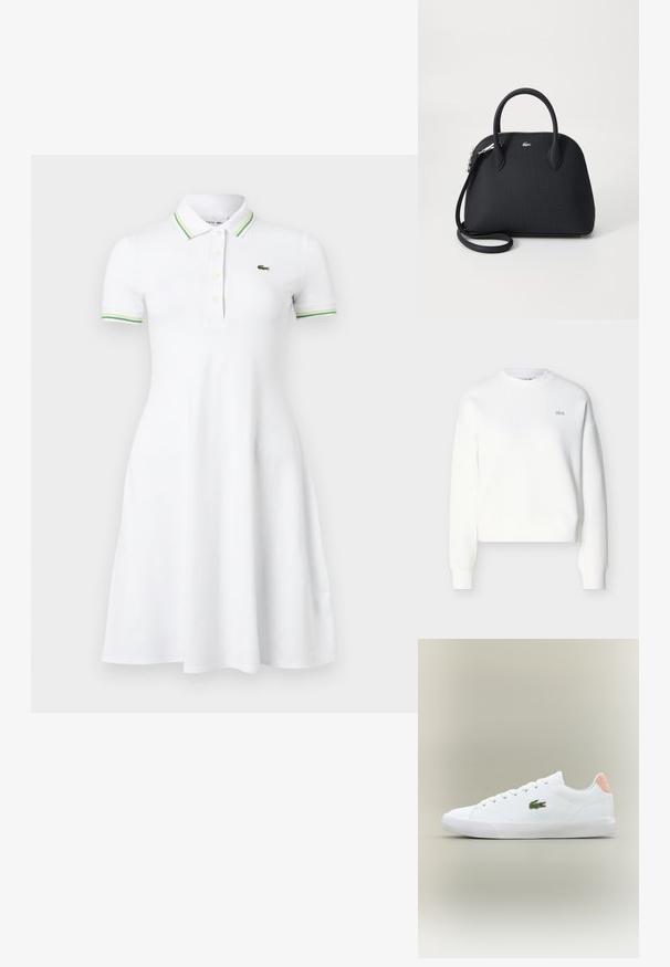 Sweat-shirt court blanc avec encolure ras du cou, coupe décontractée et broderie discrète du logo sur la poitrine. Confectionné en tissu doux et texturé.; Robe polo blanche à manches courtes avec col et poignets rayés verts, patte de boutonnage et petit logo crocodile vert sur la poitrine.; Baskets blanches à lacets avec un extérieur en cuir lisse, un embout texturé et un logo brodé vert ; dotées d'un accent rose à l'arrière.; Sac à main noir en matériau texturé, doté de deux poignées supérieures et d'une bandoulière amovible, avec un accent logo en argent.