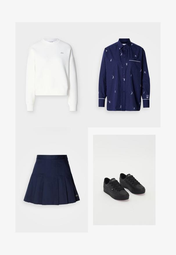 Witte cropped sweatshirt met een ronde hals, een losse pasvorm en een subtiele logo-borduursel op de borst. Gemaakt van zachte, gestructureerde stof.; Marineblauw overhemd met knopen, voorzien van witte strepen en speelse geborduurde figuren. Heeft een borstzakje en contrasterende witte afwerking op de manchetten.; Marineblauwe plooienrok met een aangesloten tailleband, gemaakt van een soepele stof. Beschikt over een klein Lacoste-logo op de zoom.; Zwarte low-top sneakers van glad materiaal, met dikke veters, een gestructureerde zool en een klein logo aan de zijkant en op de tong.