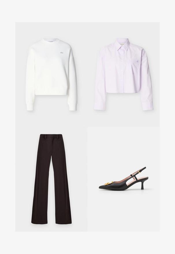Hvid cropped sweatshirt med rund halsudskæring, løs pasform og diskret logobroderi på brystet. Fremstillet af blødt, tekstureret stof.; Kort lilla skjorte med knapper, lange ærmer, spids krave, brystlomme og diskret logo-broderi på lommen.; Breddebenede bukser lavet af mørkt stof, med en glat tekstur, bæltestropper og en midtersøm foran, samt et enkelt, udekoreret design.; Sorte læder slingback pumper med spids tå, guld hardware detaljer og en hæl i mellem højde. Har udskårne sideskæringer og justerbar rem.
