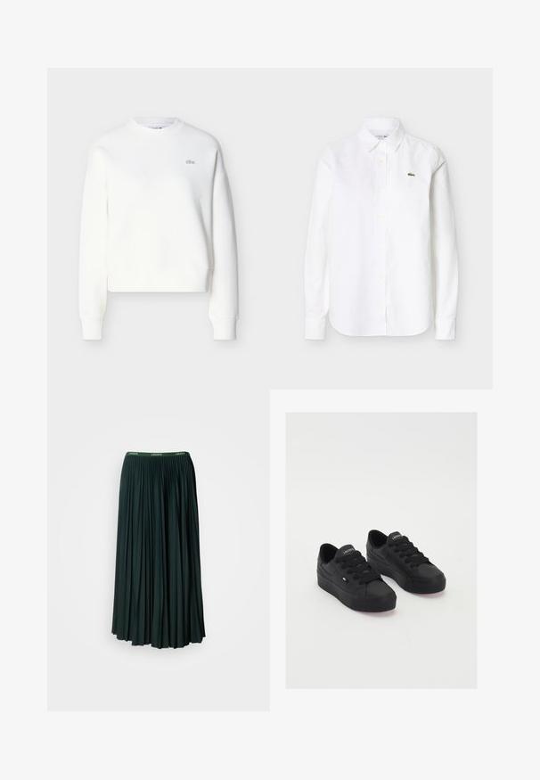 Witte cropped sweatshirt met een ronde hals, een losse pasvorm en een subtiele logo-borduursel op de borst. Gemaakt van zachte, gestructureerde stof.; Wit overhemd met lange mouwen en knopen, voorzien van een kraag en een klein groen krokodillenlogo op de linkerborst.; Lange, geplooide rok in donkergroen met een brede tailleband met de merknaam "LACOSTE" in contrasterende groene letters.; Zwarte low-top sneakers van glad materiaal, met dikke veters, een gestructureerde zool en een klein logo aan de zijkant en op de tong.