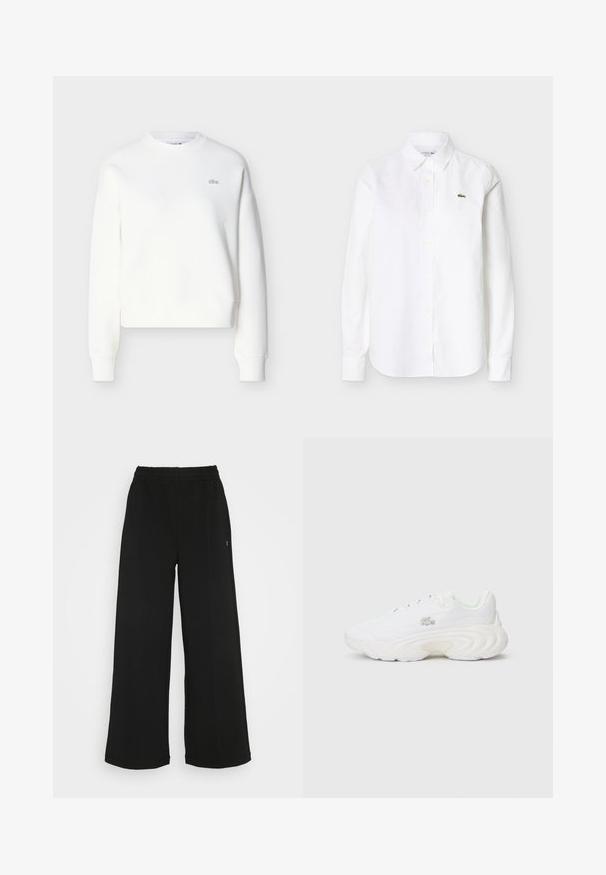 Witte cropped sweatshirt met een ronde hals, een losse pasvorm en een subtiele logo-borduursel op de borst. Gemaakt van zachte, gestructureerde stof.; Wit overhemd met lange mouwen en knopen, voorzien van een kraag en een klein groen krokodillenlogo op de linkerborst.; Zwarte wijde broek met een elastische tailleband. Gemaakt van een zachte, lichte stof. Heeft verticale naden aan de voorkant.; Witte sneaker met een gestructureerde bovenkant, opvallend zoolontwerp, vetersluiting en klein logo-detail. Glad en lichtgewicht ontwerp.