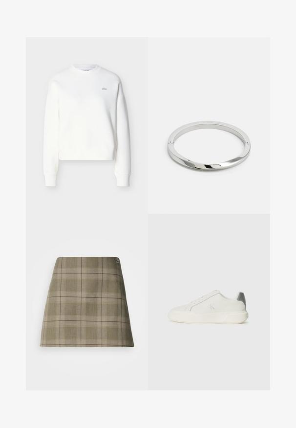 Hvid cropped sweatshirt med rund halsudskæring, løs pasform og diskret logobroderi på brystet. Fremstillet af blødt, tekstureret stof.; Skotsk ternet mini nederdel i olivengrøn og beige, med et lige design, en subtil struktur og en lille logoaccent nær taljen.; Hvide sneakers lavet af læder med en glat tekstur, forsynet med en sølvaccent på hælen, flad sål og minimalistisk design.; Stålmetalarmbånd med en glat, skinnende overflade og flade kanter. Har et åbent cirkulært design med en subtil låse detalje.
