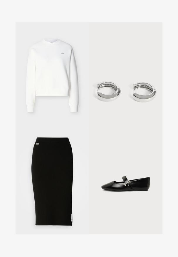 Witte cropped sweatshirt met een ronde hals, een losse pasvorm en een subtiele logo-borduursel op de borst. Gemaakt van zachte, gestructureerde stof.; Zwarte geribbelde gebreide midi-rok met een nauwsluitende silhouet. Kleine Lacoste-logo detail op de tailleband, met een gladde textuur.; Zwarte leren Mary Jane platte schoen met een afgeronde neus en zilveren gespsluiting op een effen achtergrond.; Een paar kleine, glimmende zilveren oorringen met gladde afgeronde oppervlakken op een effen witte achtergrond.
