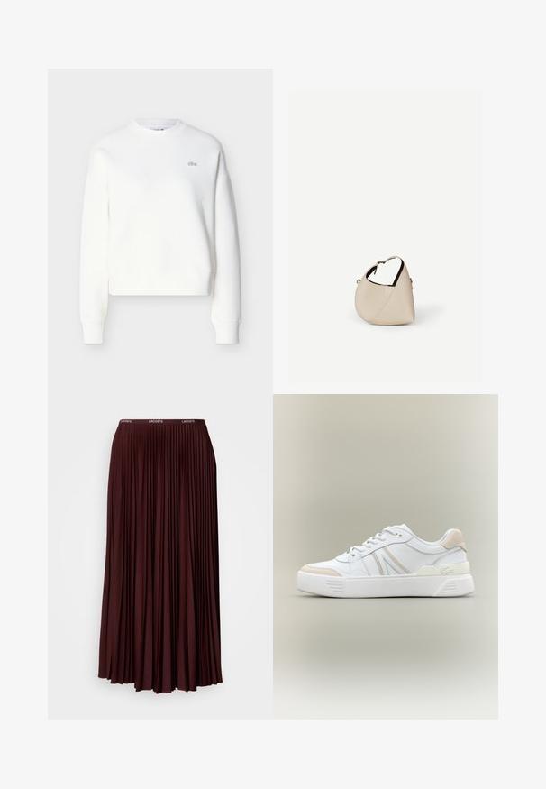 Sweat-shirt court blanc avec encolure ras du cou, coupe décontractée et broderie discrète du logo sur la poitrine. Confectionné en tissu doux et texturé.; Jupe plissée bordeaux en tissu doux avec une taille élastique arborant un logo discret. Modèle longueur complète avec des plis verticaux.; Sneaker blanche en cuir lisse avec des accents en suède beige. Présente un bout rond, un laçage à l'avant et une semelle en caoutchouc texturé. Détail logo sur le côté.; Sac à main en cuir beige en forme de croissant avec une seule bandoulière et des coutures minimalistes, posé sur un fond blanc uni.