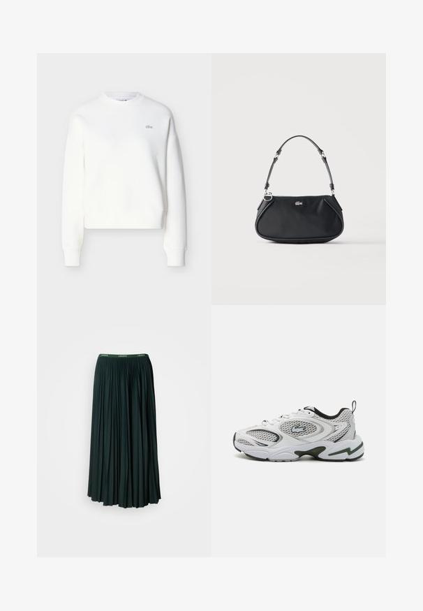 Witte cropped sweatshirt met een ronde hals, een losse pasvorm en een subtiele logo-borduursel op de borst. Gemaakt van zachte, gestructureerde stof.; Lange, geplooide rok in donkergroen met een brede tailleband met de merknaam "LACOSTE" in contrasterende groene letters.; Witte sportschoenen met meshpanelen, zwarte accenten en een gestructureerde zool. Heeft een strak ontwerp en een opvallend logo aan de zijkant.; Zwarte schoudertas met verstelbare riem, ritssluiting en klein zilverkleurig krokodillenlogo aan de voorkant in het midden.
