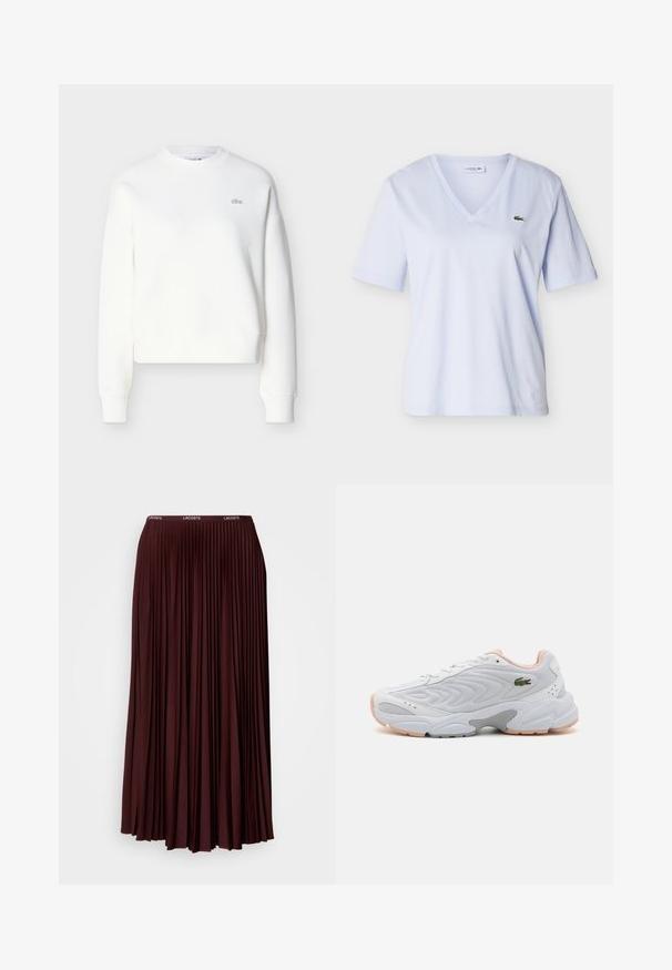 Sudadera blanca corta con cuello redondo, corte relajado y bordado sutil del logo en el pecho. Hecha de tela suave y texturizada.; Camiseta de manga corta con cuello en V de color azul claro y un pequeño logo de cocodrilo verde en el pecho izquierdo, mostrada sobre un fondo liso.; Falda plisada burdeos hecha de una tela suave con una cinturilla elástica que presenta un logo sutil. Diseño de larga duración con plisados verticales.; Zapatilla deportiva blanca con parte superior de malla texturizada, acentos en rosa y suela gris. Presenta un logo verde en el lateral y ojales de cordones redondos.