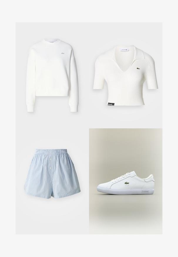 Sweat-shirt court blanc avec encolure ras du cou, coupe décontractée et broderie discrète du logo sur la poitrine. Confectionné en tissu doux et texturé.; Polo shirt cropped blanc côtelé avec un col en V, des manches courtes et un logo crocodile Lacoste vert sur la poitrine gauche. Étiquette noire à l'ourlet.; Shorts rayés bleus et blancs en tissu léger, avec une taille élastique et deux boutons à l'avant.; Baskets basses blanches avec lacets blancs, logo crocodile vert sur le côté et étiquette "Lacoste" sur la semelle, le tout sur un fond neutre.