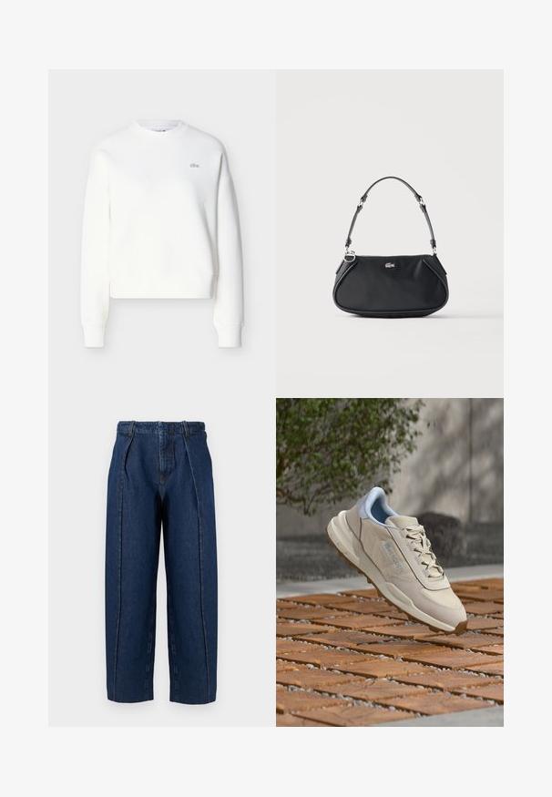 Sweat-shirt court blanc avec encolure ras du cou, coupe décontractée et broderie discrète du logo sur la poitrine. Confectionné en tissu doux et texturé.; Jean en denim bleu foncé taille haute à jambes larges, avec plis à l'avant et passants pour ceinture, présenté sur un fond blanc uni.; Chaussure de course beige avec une tige en maille texturée, des accents bleu clair, et une semelle épaisse en caoutchouc avec de petites protubérances pour la traction.; Sac d'épaule noir avec sangle réglable, fermeture éclair et petit logo crocodile argenté au centre devant.
