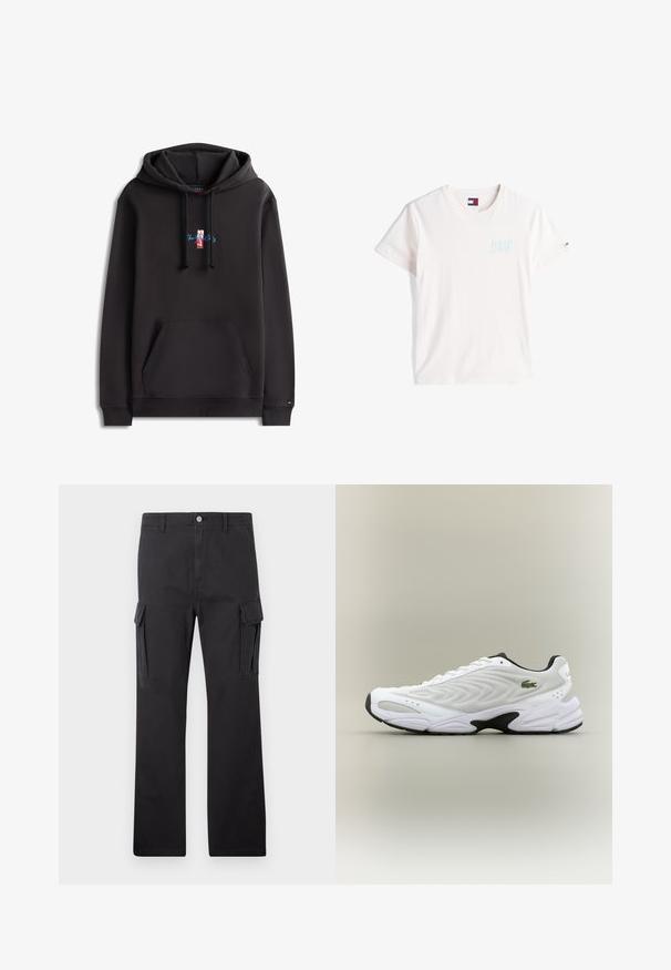 Schwarzer Hoodie mit Kapuze, Vordertasche, Kordelzug und kleinem zentralem Logo mit rotem, weißem und blauem Schriftzug "New York City" und Markenname.; Weißes Baumwoll-T-Shirt mit einem hellblauen, erhabenen Logo auf der linken Brust und einem kleinen rot, weiß und blau gestreiften Etikett am linken Ärmel.; Tommy Jeans OTIS HERRINGBONE PANTS - Cargohose - black; Weißer Sportschuh mit strukturiertem Mesh-Obermaterial, geschwungenem Design und kontrastierender schwarzer Laufsohle. Mit grünem gesticktem Logo an der Seite.