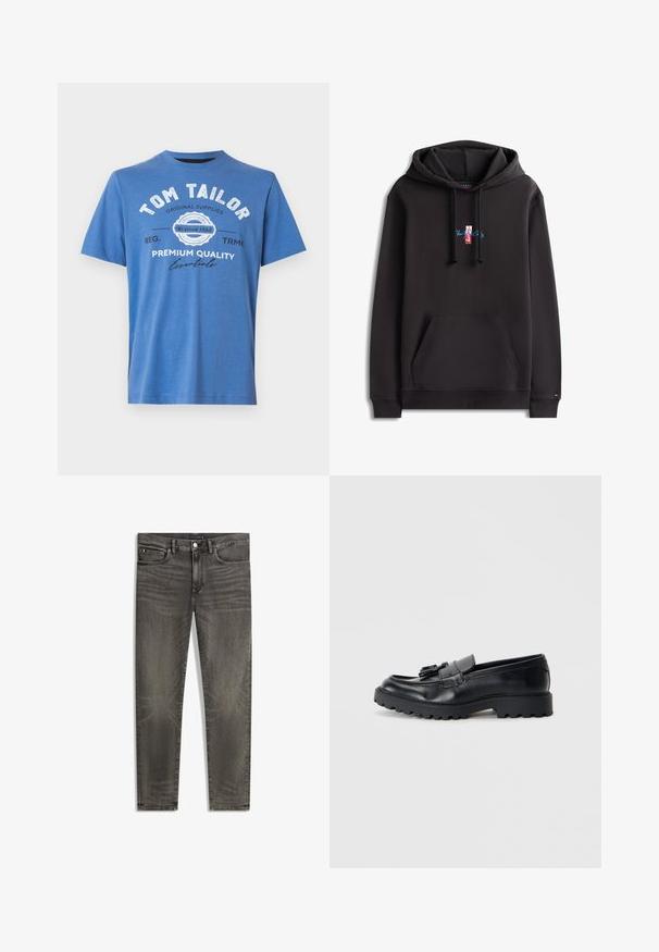 Sort hættetrøje med forlomme, snoretræk og lille centralt logo med rød, hvid og blå tekst "New York City" samt mærkenavn.; Blå kortærmet T-shirt lavet af bomuld. Har trykt tekst med "TOM TAILOR" og logo. Klassisk rund halsudskæring og lige kant.; Herrers slim-fit grå denim jeans med forreste knap og lommer, let falmet tekstur og lille logodetalje på møntlommen.; Sorte læder loafers med en blank finish, kraftig gummisål og dekorativt frynse-detalje på forsiden.
