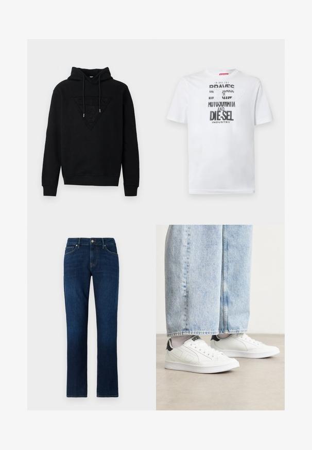 Sort hættetrøje lavet af blødt stof, med et trekantet præget logo-design på forsiden og justerbare snore i halsen.; Hvid bomulds-T-shirt med fed sort typografi med ordene "BRAVES" og "DIE-SEL INDUSTRY" samt et semi-transparent udskåret design.; Mørkeblå denim jeans med lige ben, foran lukket med knap og lynlås, fem-lommers design og kontrasterende syninger.; Hvide sneakers med en glat lædertekstur, sorte hæl detaljer og perforerede elementer. Sammen med lyseblå bukser med vide ben i denim.