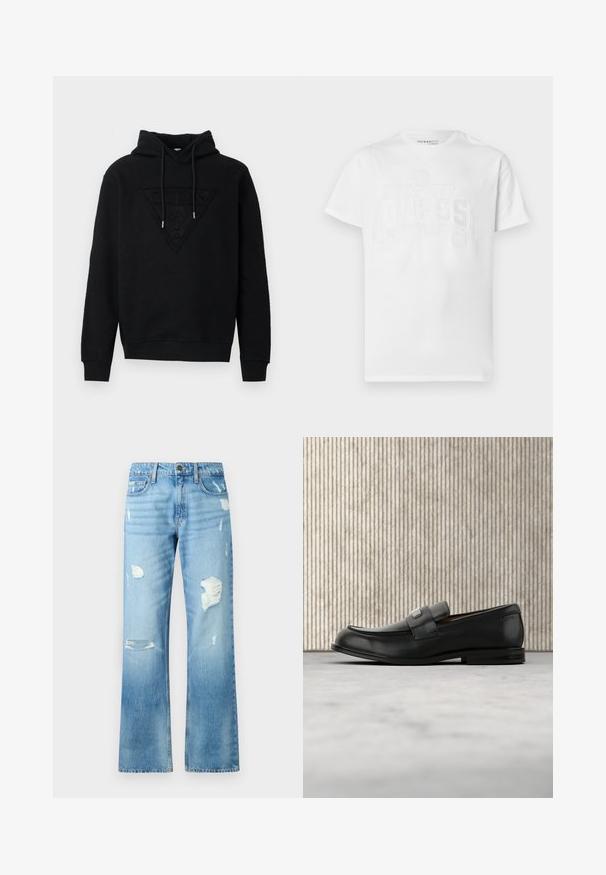 Sudadera negra de tejido suave, con un diseño de logo triangular en relieve en el frontal y cordones ajustables en el cuello.; Camiseta blanca de algodón con un diseño de logo en relieve y brillante. Cuello redondo clásico y mangas cortas, que ofrecen un ajuste holgado.; Vaqueros de mezclilla azul claro con un diseño de pierna recta, que presentan detalles desgastados y un acabado desvaído. Incluyen un botón de metal y cinco bolsillos.; Mocasín de cuero negro con una placa metálica de marca apoyado cerca de una mesa redonda marrón sobre un suelo alfombrado beige.