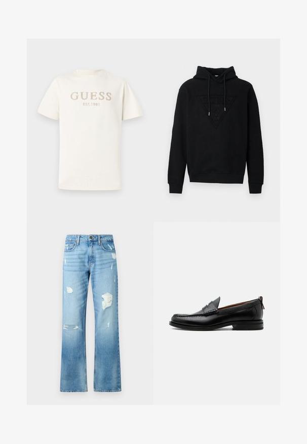 Hoodie noir en tissu doux, avec un design de logo en relief triangulaire sur le devant et des cordons de serrage réglables au niveau du cou.; T-shirt blanc à manches courtes en coton doux, ornée d'un logo en relief "GUESS" et "EST. 1981" en beige clair sur le devant.; Jean en denim bleu clair avec une coupe droite, présentant des détails déchirés et une finition délavée. Comprend un bouton en métal et cinq poches.; Mocassin homme en cuir noir avec couture moc toe, bride penny, col texturé et petit talon empilé sur fond blanc.
