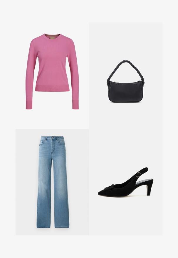 Langärmliger rosa Rundhals-Pullover mit gerippten Bündchen und Saum, vor einem weißen Hintergrund ausgestellt.; Helleblaue hochtaillierte Jeans mit geradem Bein. Aus Denim gefertigt, mit fünf Taschen und einem Knopfverschluss.; Schwarzer Wildleder-Slingback-Pumps mit hohem Absatz, spitzer Zehenpartie, dekorativer Schleife vorne und verstellbarem Schnallenriemen.; Schwarze Handtasche mit runder Form, aus glattem Material gefertigt. Verfügt über einen geflochtenen Griff und einen Reißverschluss für sicheren Stauraum.