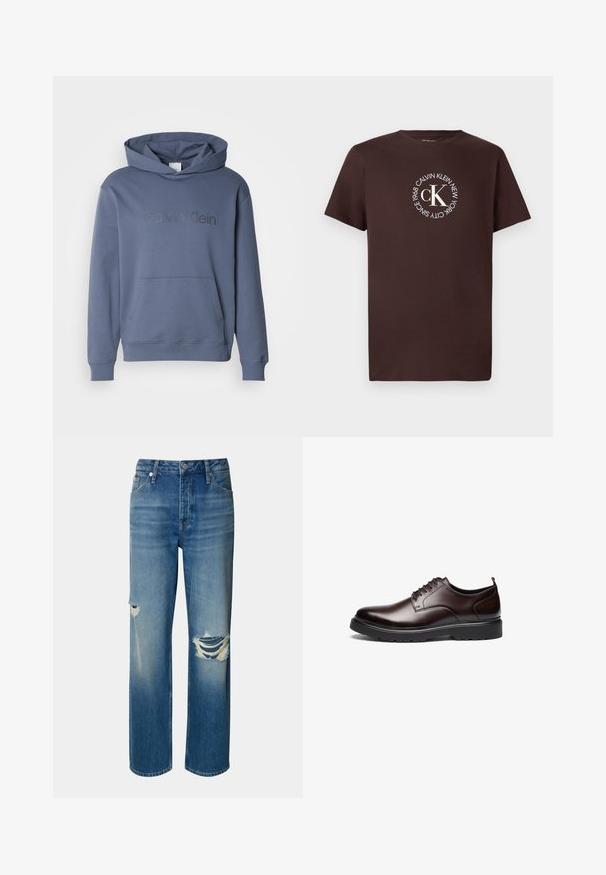 Hallikas-sinine kapuutsiga särk, millel on avar esi-tasku, reguleeritav nööriga kapuuts ja reljeefne "Calvin Klein" logo rinnal. Pehme materjal.; Pruun puuvillane T-särk lühikeste varrukatega, millel on valge ringikujuline logo, mille sees on tekst "CALVIN KLEIN NEW YORK SINCE 1968" ja keskel "cK".; Heledad sinine denimhari, kõrge vöökoht, sirge sääreosa ja katastroofilised rebenemised mõlemal põlvel. Omab klassikalist viie tasku disaini ja nööpkinnitust.; Pruunid nahast seotud kingad, millel on sujuv disain, ümar nina, kontrastse musta kummitald ja minimaalne nähtav õmblus.