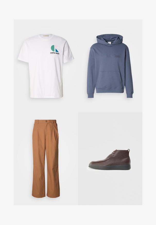 Svetlo šedá modrá mikina s priestrannou prednou kapsou, nastaviteľnou kapucňou so šnúrkou a embosovaným logom "Calvin Klein" na hrudi. Mäkký materiál.; Biele bavlnené tričko s viacfarebným grafickým dizajnom obsahujúcim kruhové tvary a logom "Calvin Klein" na prednej strane. Krátke rukávy, okrúhly výstrih.; Nohavice s širokými nohavicami z teplého hnedej látky, s predným zapínaním na gombíky, jemnými sklady a rovnakým strihom pre uvoľnený vzhľad.; Hnedé kožené členkové topánky s textúrovaným povrchom, mäkkou zaoblenou špičkou a šedou gumovou podrážkou, s dvoma otvormi na šnúrky.