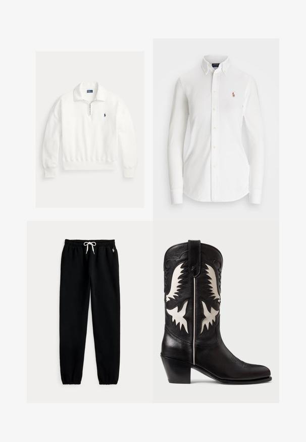 Hvid langærmet pullover med kvart lynlås og krave, med lille marineblåt broderet Polo Ralph Lauren logo på venstre bryst.; Hvid langærmet skjorte med knapper og spids krave, lavet af bomuld. Har et lille broderet logo på venstre bryst.; Sorte joggers med elastisk talje og hvid snor, elastiske manchetter og lille hvid hestelogo på venstre hofte.; Sorte læder cowboystøvler med hvide kantede detaljer, prydet med dekorativ syning, spidse tåer og en lav stablet hæl.