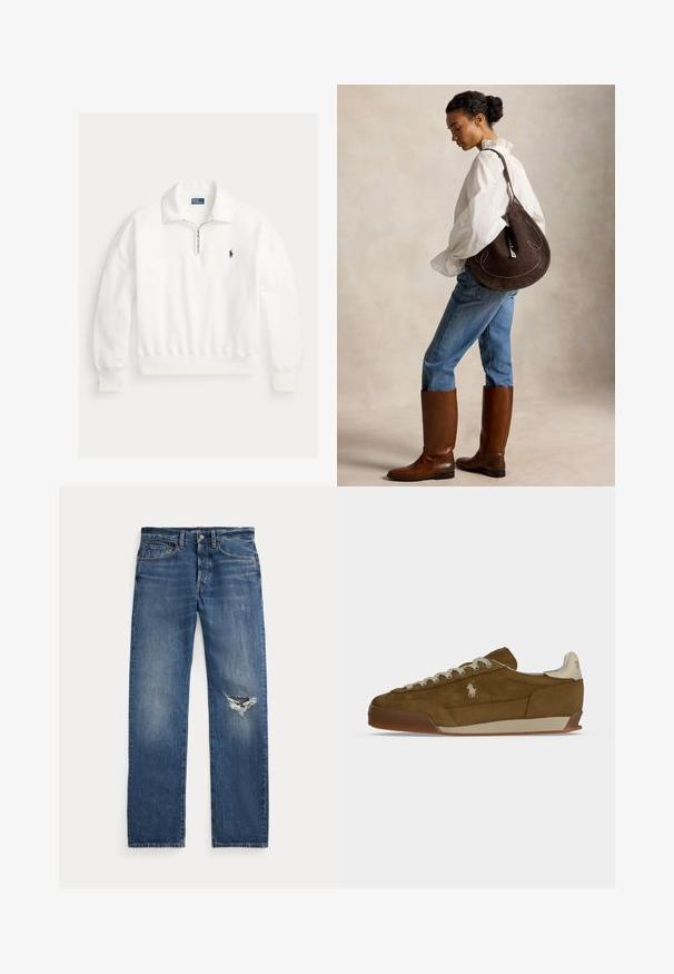 Biely pulóver s dlhým rukávom, štvrťzipsom a golierom, s malým tmavomodrým vyšívaným logom Polo Ralph Lauren na ľavej strane hrudníka.; Modré džínsy s mid-rise pásom, piatimi vreckami a roztrhnutím na pravom kolene.; Hnedá semišová teniska s krémovými šnúrkami, hrubou podrážkou a malým bielym vyšitým logom na boku.; Žena v bielej blúzke a modrých džínsach nosí vysoké hnede čižmy a nesie veľkú tmavohnedú kabelku cez rameno, stojí zboku na jednofarebnom pozadí.