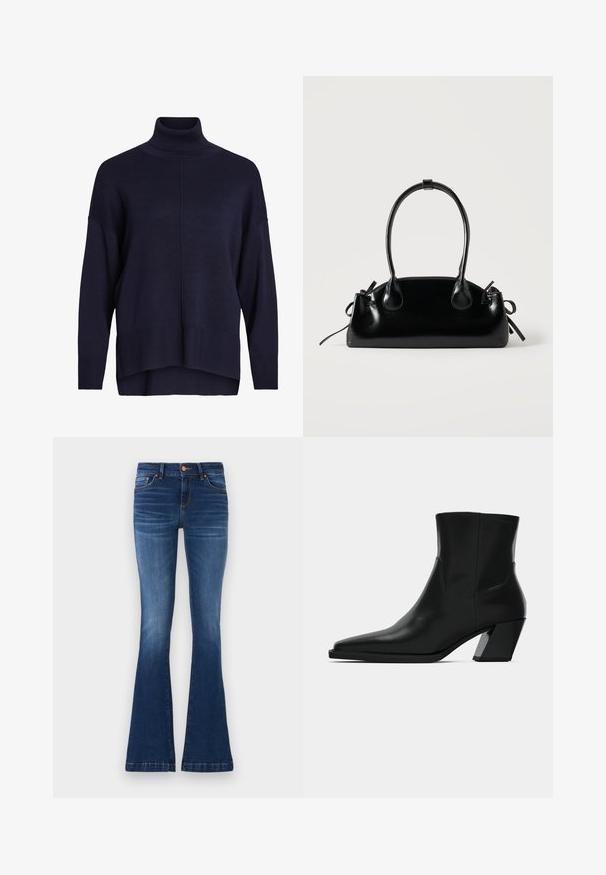 Navyblauwe coltrui met een ontspannen pasvorm, ribbels aan de mouwen en zoom, met een middelste naaddetail en een zachte textuur.; Uitlopende blauwe jeans van denim, met een gemiddelde taillehoogte, vijf zakken en contrasterende stiknaden langs de naden.; Zwarte leren enkelboot met een spitse neus, een slanke silhoeet en een chunky vierkante hak. Gladde textuur met minimale stikdetails.; Kleine zwarte glanzende handtas met twee lange hengsels en zijkant trekkoord details op een effen lichte achtergrond.