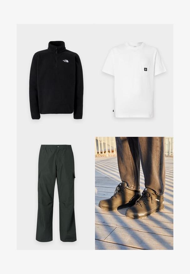 The North Face SHISPARE ZIP - Fleecetrøjer - black; Hvid bomulds T-shirt med rund halsudskæring, korte ærmer og en brystlomme med en sort logopatch. Glat tekstur, løs pasform.; Mørkegrøn cargo bukser med en afslappet pasform, elastisk talje, sydde lommer og en glat, let stofstruktur.; Sorte Timberland vandrestøvler har et højt design, struktureret overflade og runde snørebånd, sat mod en trægulv baggrund.