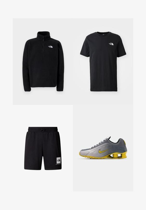 The North Face SHISPARE ZIP - Fleecepaita - black; Musta puuvillapaita lyhyillä hihoilla, pyöreällä kaula-aukolla, jossa on pieni valkoinen logo vasemmassa rinnassa. Pehmeä rakenne, rento istuvuus.; Mustat urheilushortsit, jotka on valmistettu pehmeästä kankaasta. Niissä on joustava vyötärönauha, jossa on naru, sekä valkoinen logopatch vasemmassa reidessä.; Nike Sportswear SHOX R4 SE UNISEX - Matalavartiset tennarit - vast grey/bright citron/light graphite/smoke grey/white/black